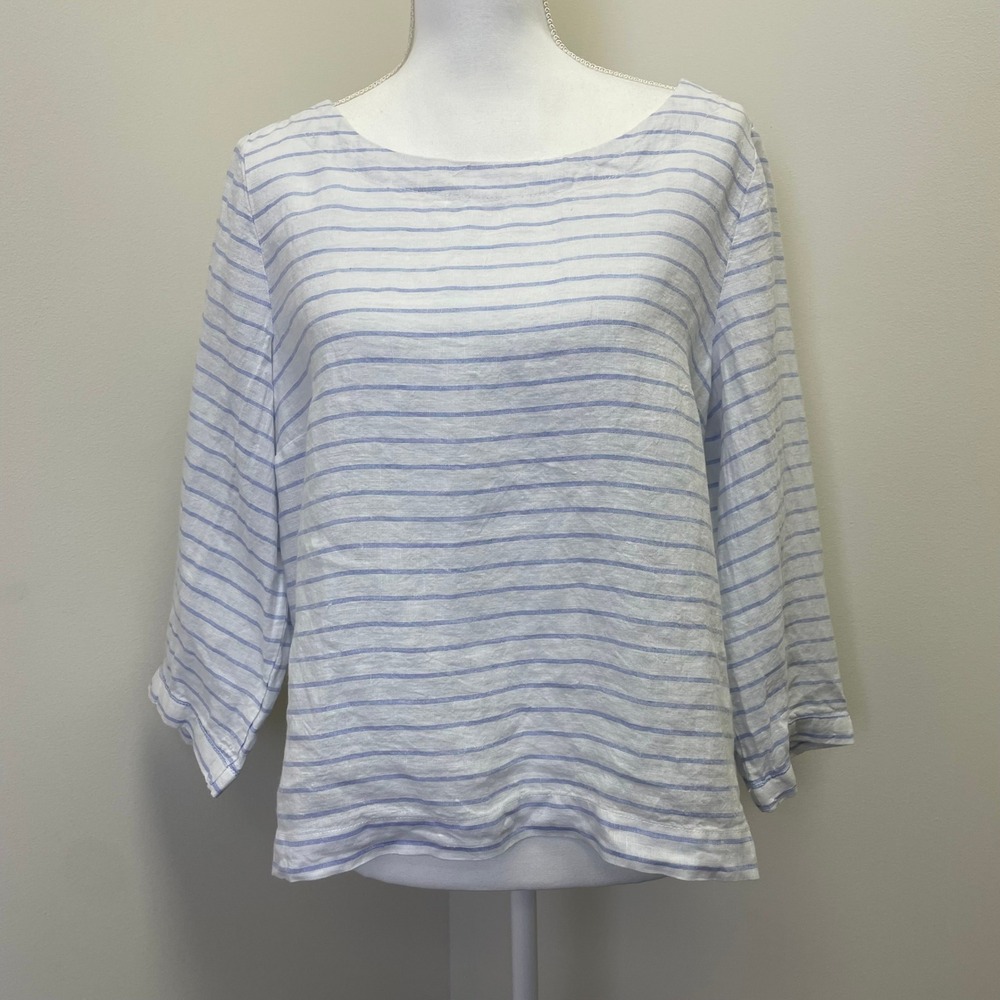 Martha Stewart Collection Linen Striped Top L Blue White 3/4 Sleeve Boat Neck